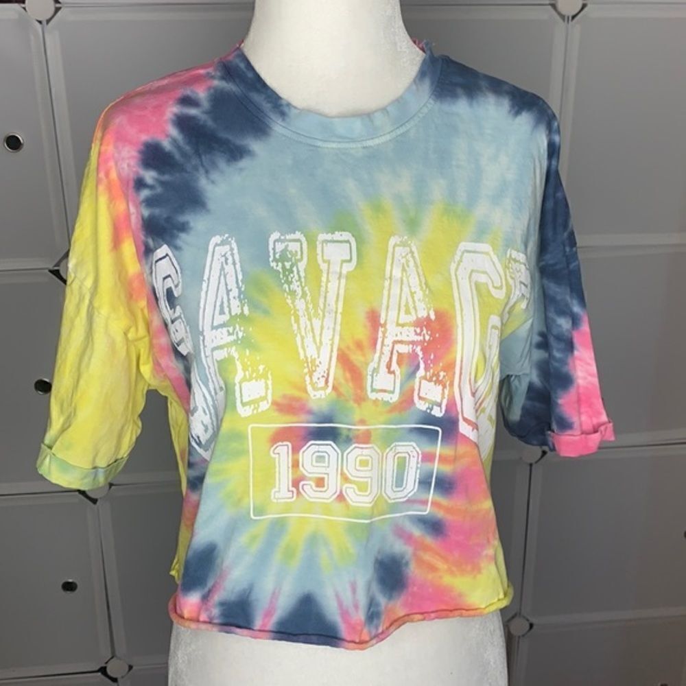 Faded Rose Tie Dye Crop Tee “SAVAGE 1990” Size Small